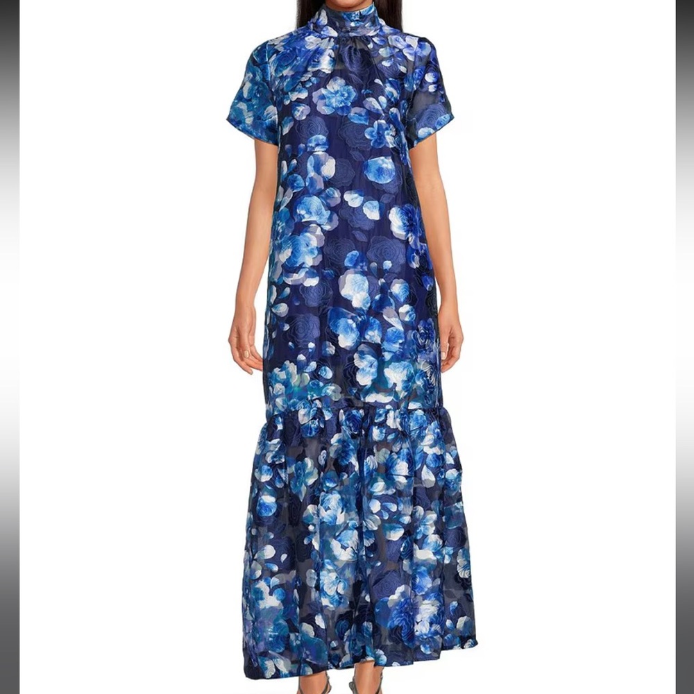 Abay Floral blue Mock Neck Bow Back Short Sleeve Maxi Dress